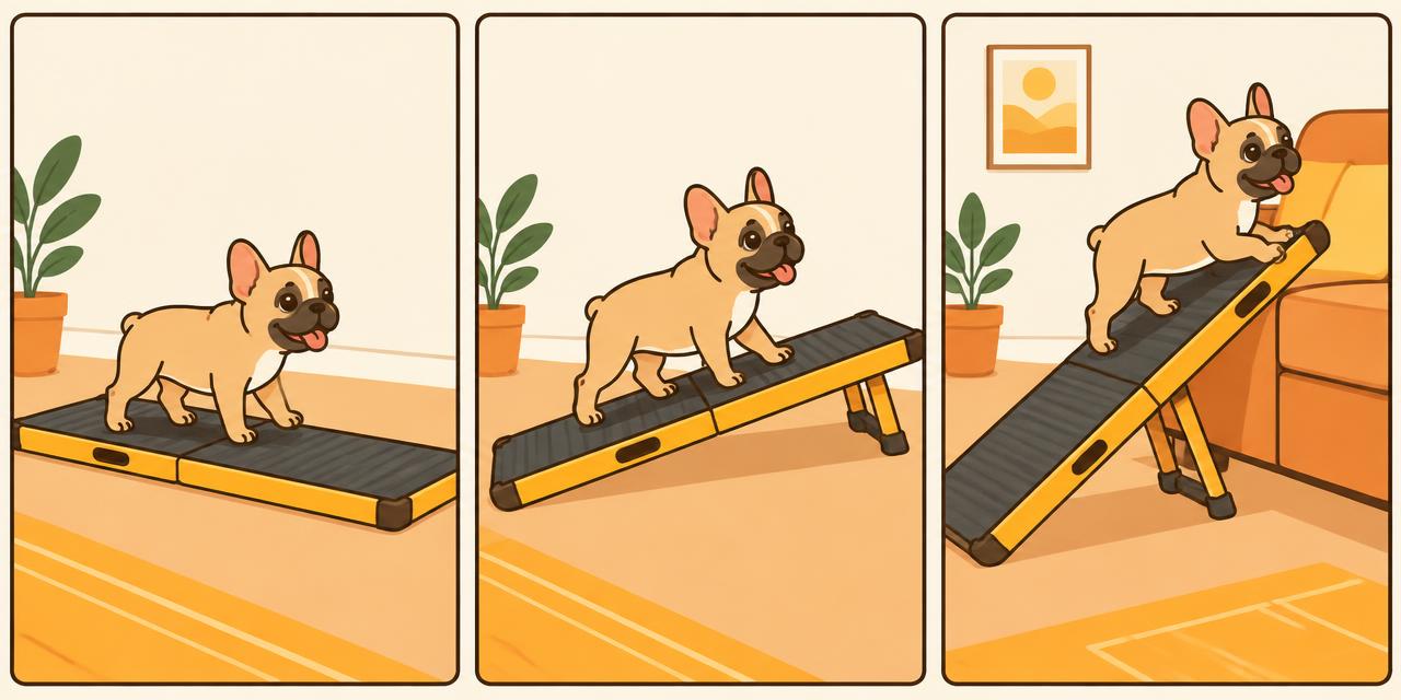 Ramp training in 3 steps: ramp flat on the floor, then at a low angle, then at full height to the couch.